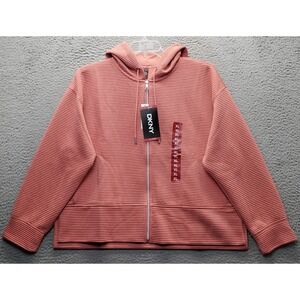 DKNY Hooded Jacket Womens XL Pink Ribbed Ottoman Tech Pockets Full Zip DPMJ9667